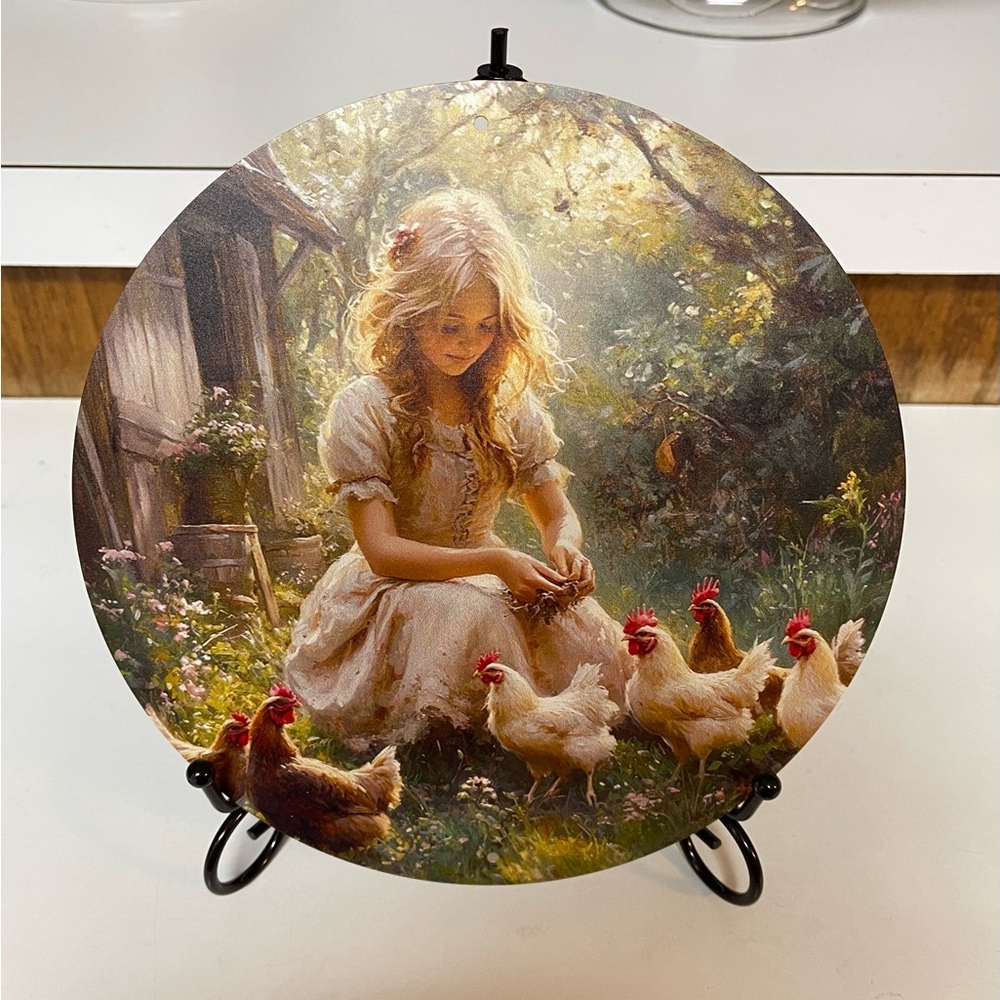 Charming Country Girl with Chickens Art Print with Stand.
